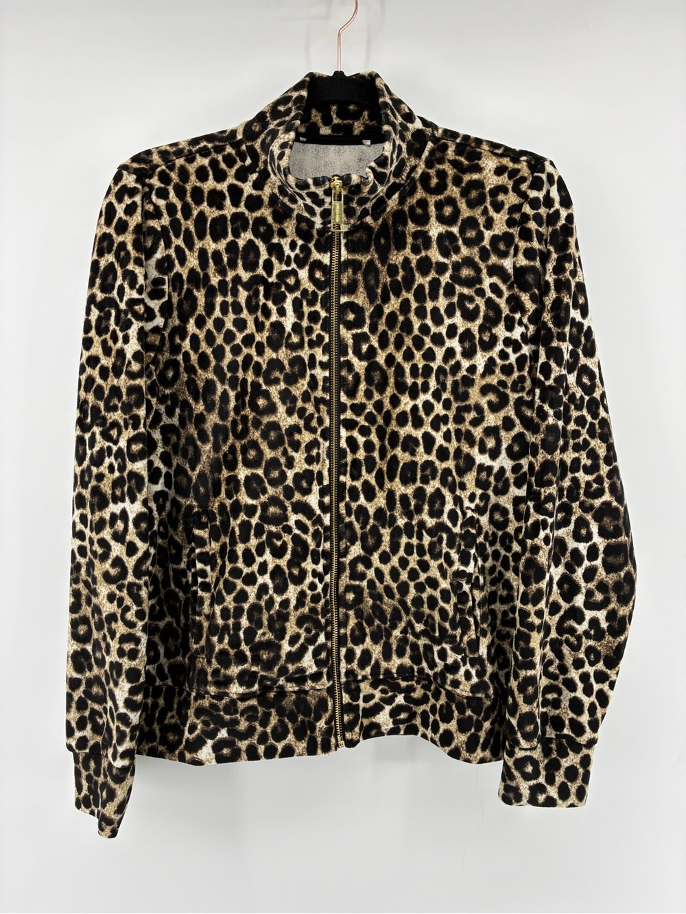 Michael Kors Velour Leopard Print Zip-Front Jacket - Black & Tan